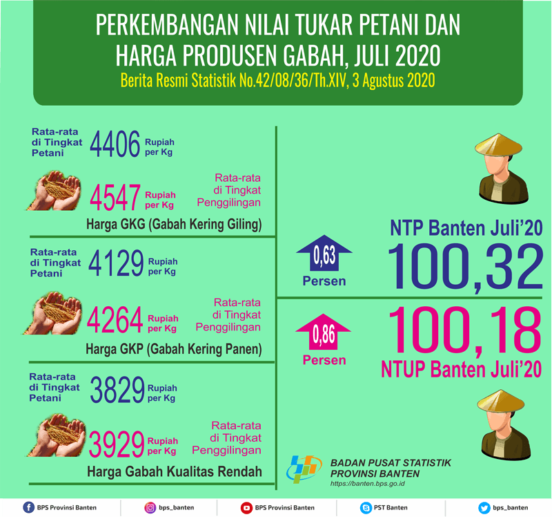 Nilai Tukar Petani (NTP) Juli 2020 Sebesar 100,32 atau naik sebesar 0.63 persen