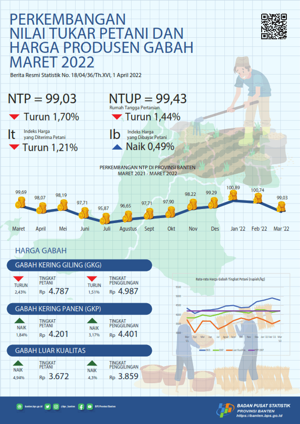 Farmer’s Term of Trade (FTT) March 2022 of 99.03, down 1.70 percent from the previous month. The average price of GKG quality grain at the Farmer Level is IDR 4,787 per Kg. Daily Nominal Wage for Agricultural Workers in Banten Province in March 2022 is Rp. 66,951,-