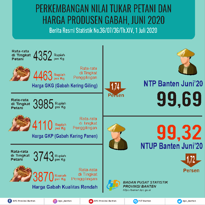 Nilai Tukar Petani (NTP) Juni 2020 Sebesar 99,69 atau turun sebesar 1.74 persen