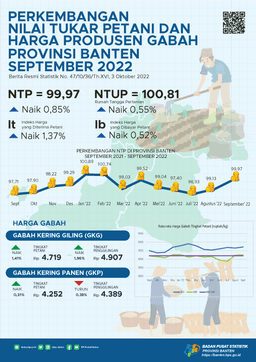 Farmers Term Of Trade (FTT) September 2022 Of 99.97, Up 0.85 Percent From The Previous Month. The Average Price Of GKG Quality Grain At The Farmer Level Is Rp.4,719,- Per Kg. Nominal Daily Wage Of Banten Province Farmers September 2022 Is Rp. 67,910,-